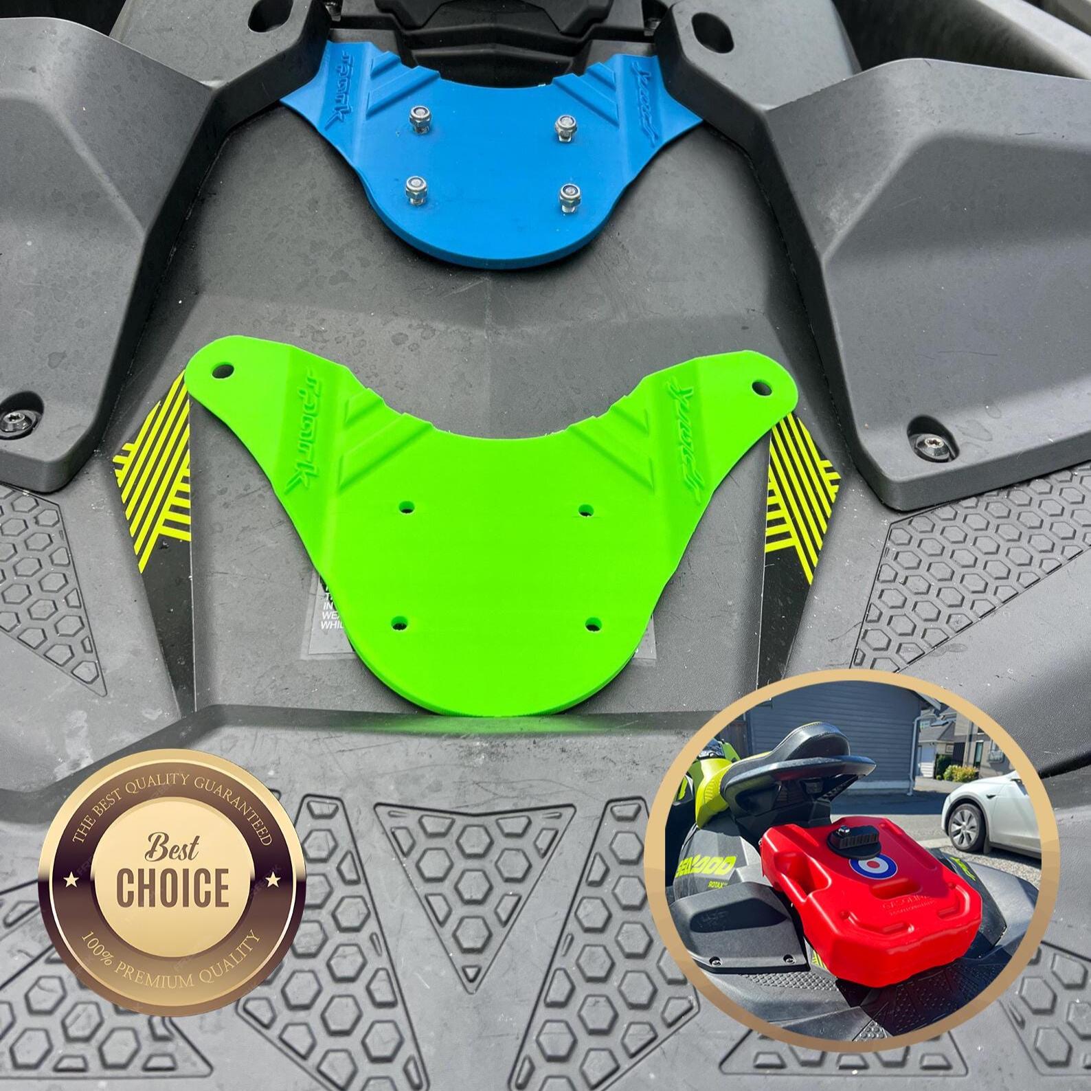 Blue and green mount base plates shown installed in the Sea-Doo's rear footwell, with an inset photo of a red fuel can mount