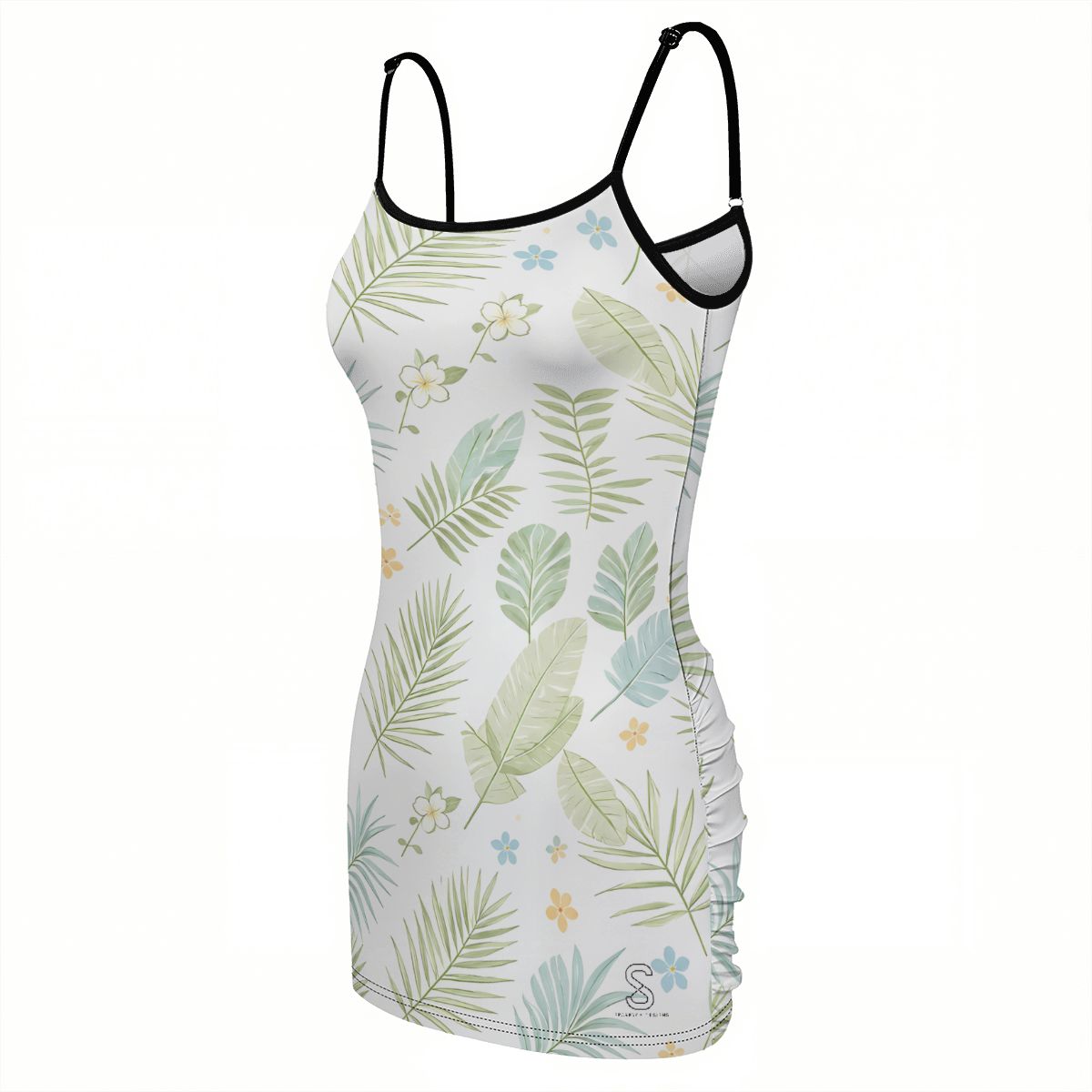 White tropical leaf print dress with black trim straps, angled product view