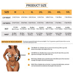 Size chart table for the bikini showing cup, bust and waist measurements by size