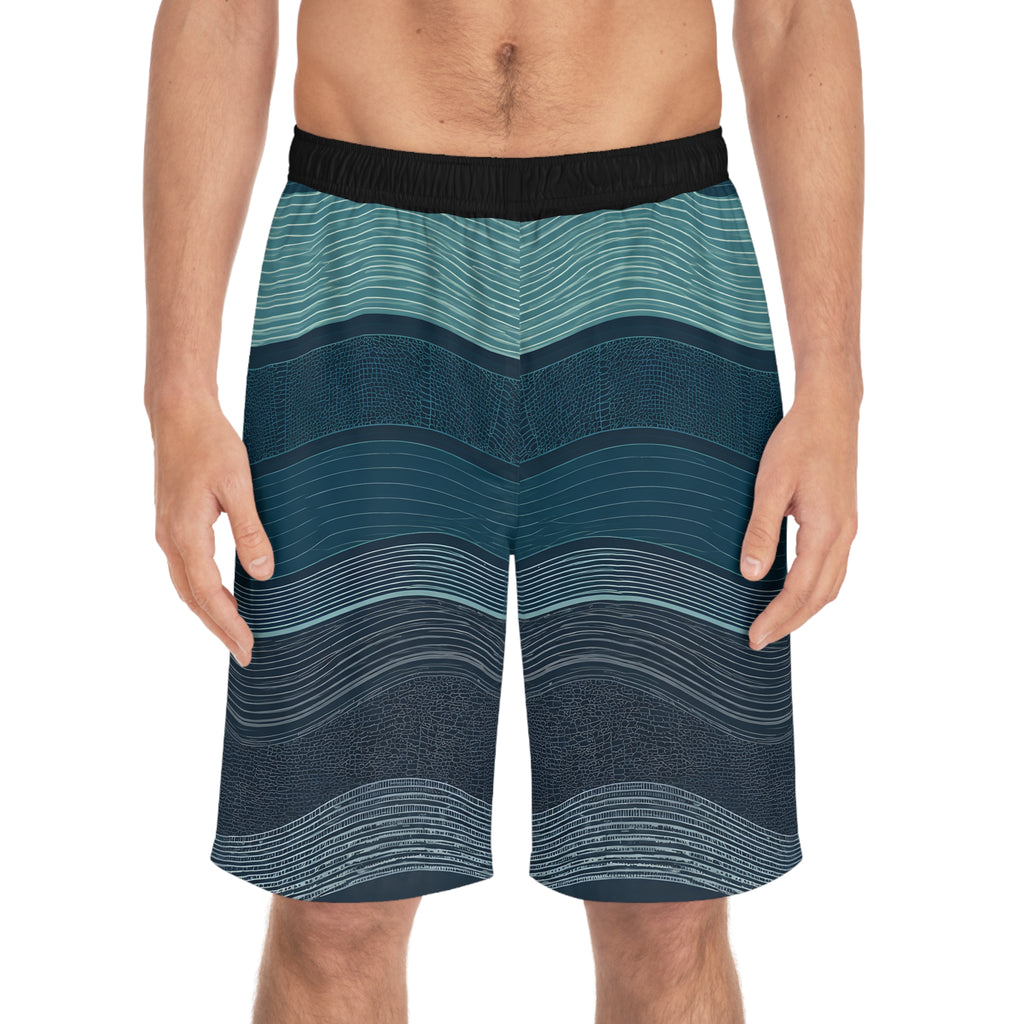 Man wearing SparkyCA wave-print board shorts, front view from the waist down