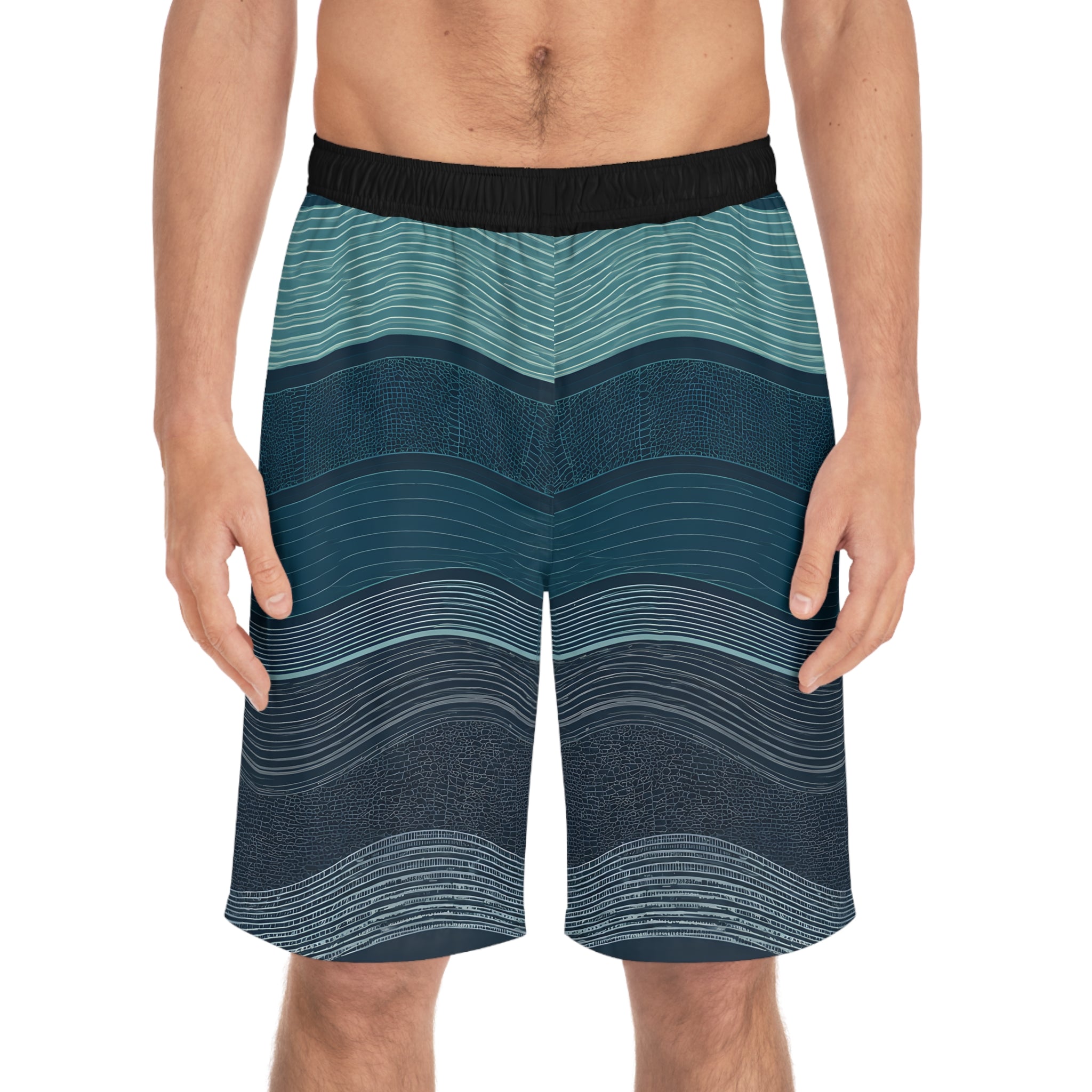 Man wearing SparkyCA wave-print board shorts, front view from the waist down