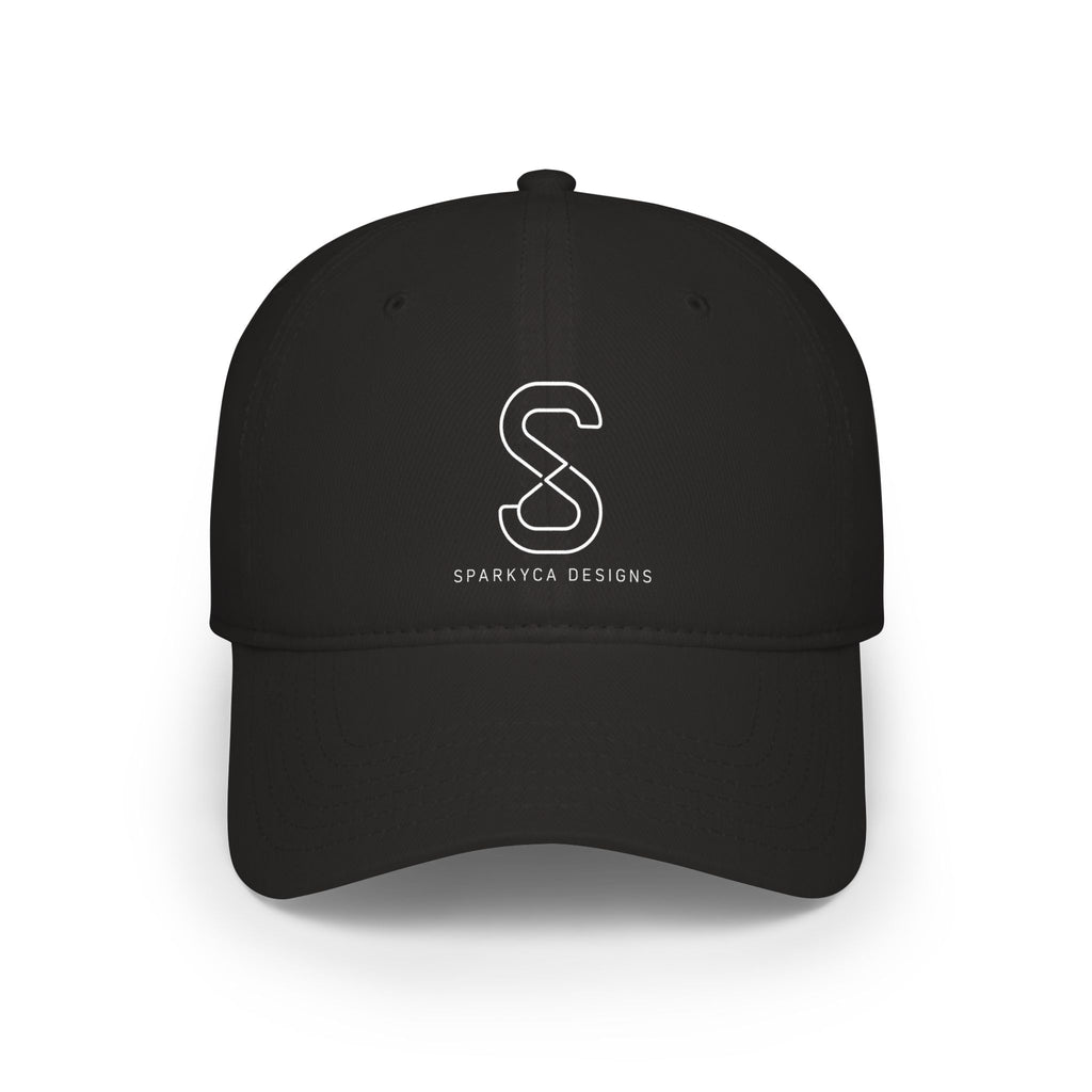 Low-Profile Baseball Cap in Black — front view flat lay with embroidered S logo