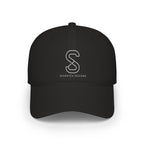 Low-Profile Baseball Cap in Black — front view flat lay with embroidered S logo