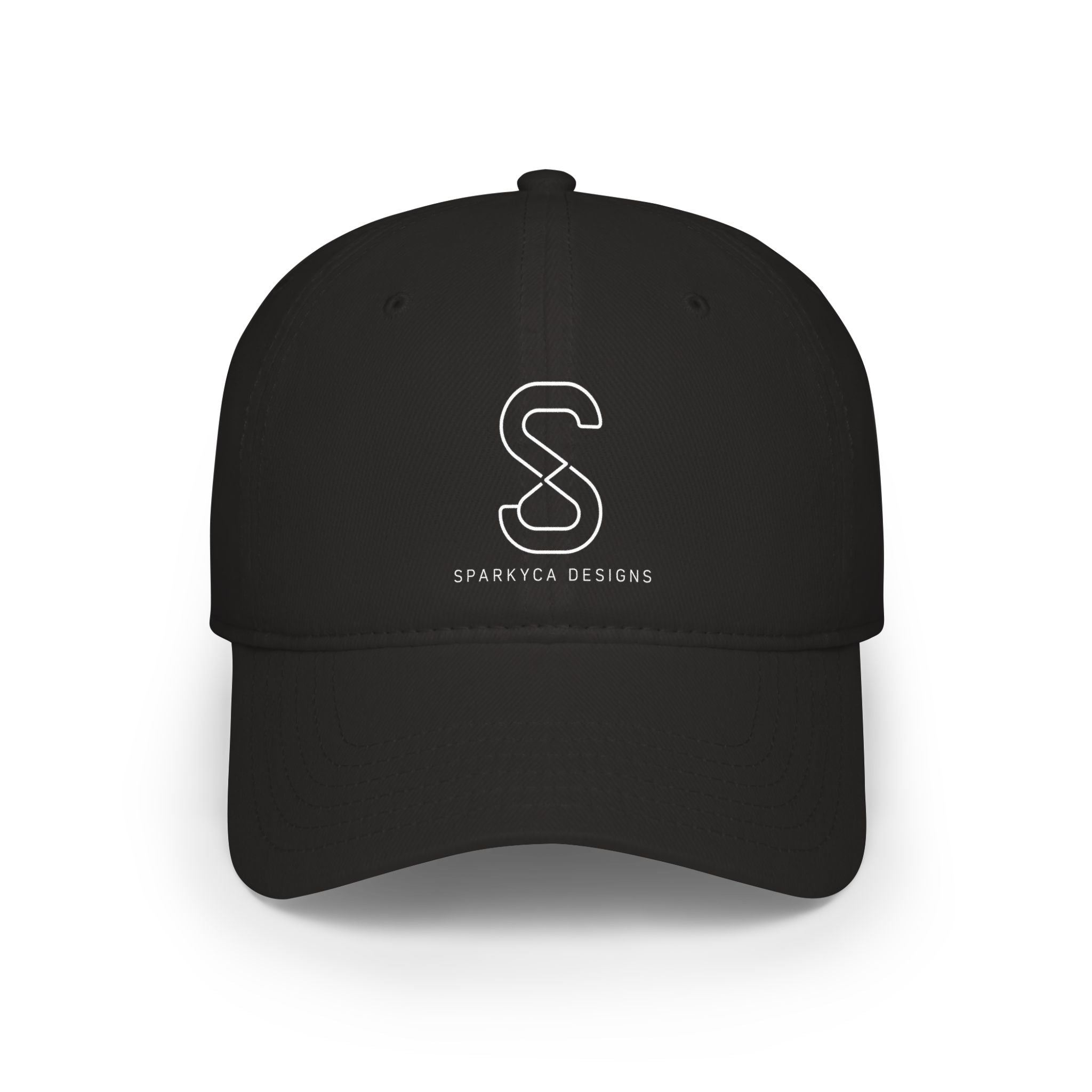 Low-Profile Baseball Cap in Black — front view flat lay with embroidered S logo