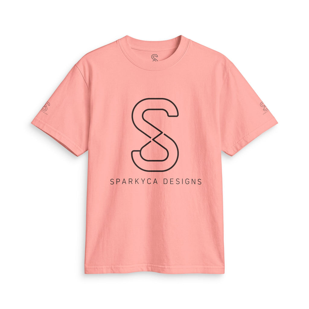Coral SparkyCA logo tee, front flat lay with black outline S logo and wordmark