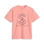 Coral SparkyCA logo tee, front flat lay with black outline S logo and wordmark