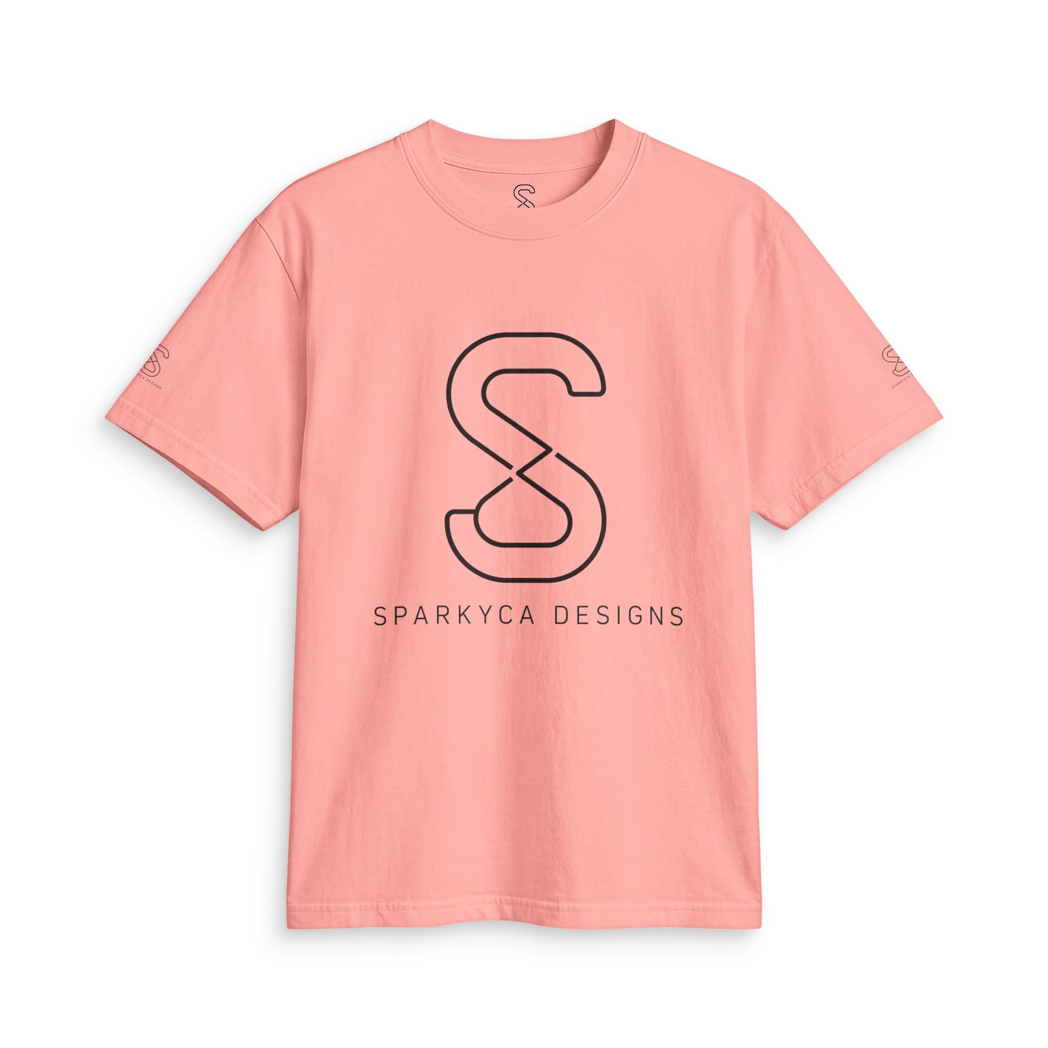 Coral SparkyCA logo tee, front flat lay with black outline S logo and wordmark
