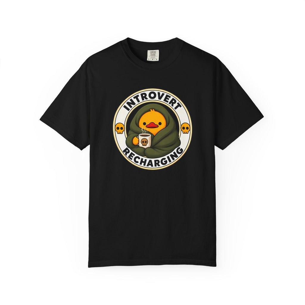 Introvert Duck Tee in Black — front flat lay with graphic print