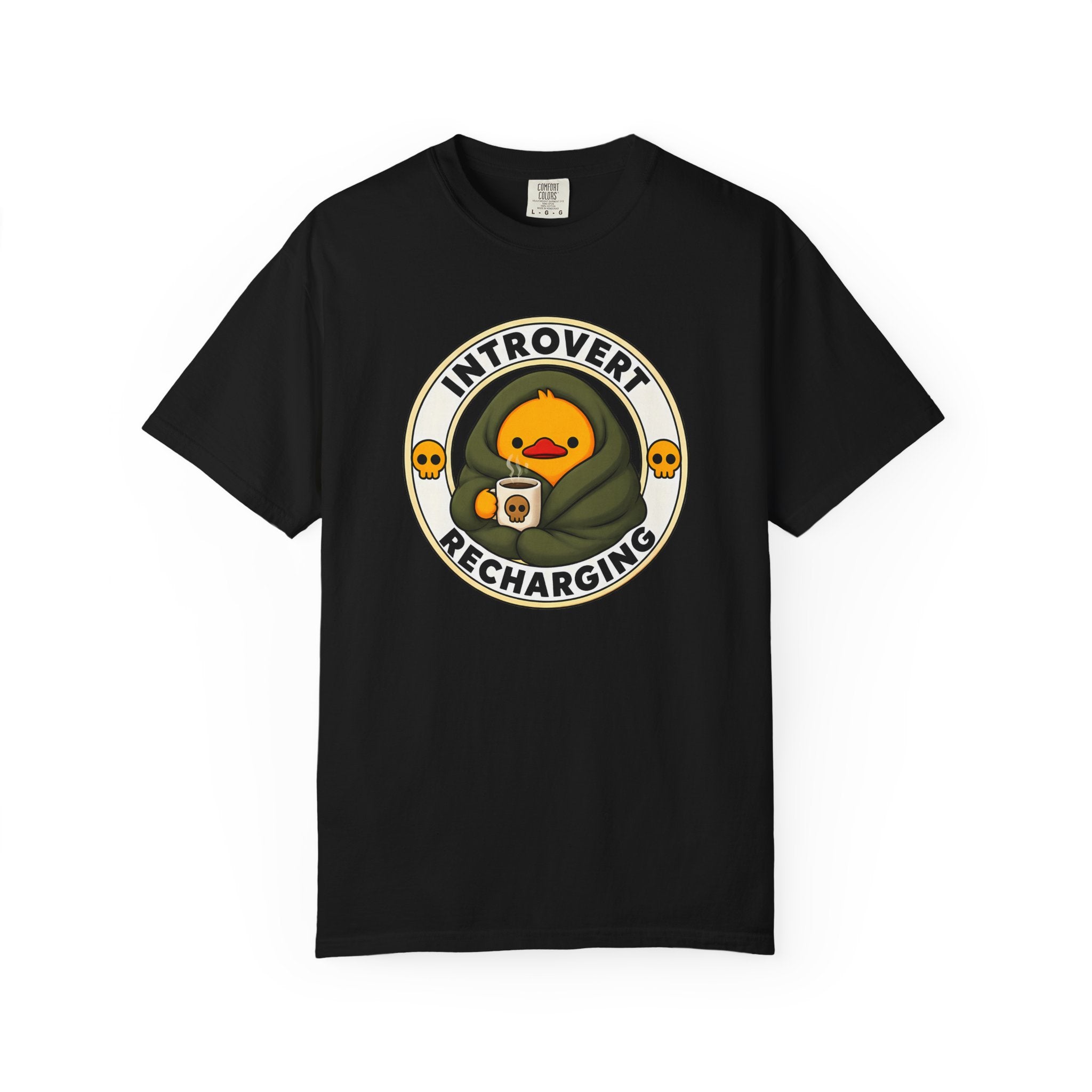 Introvert Duck Tee in Black — front flat lay with graphic print