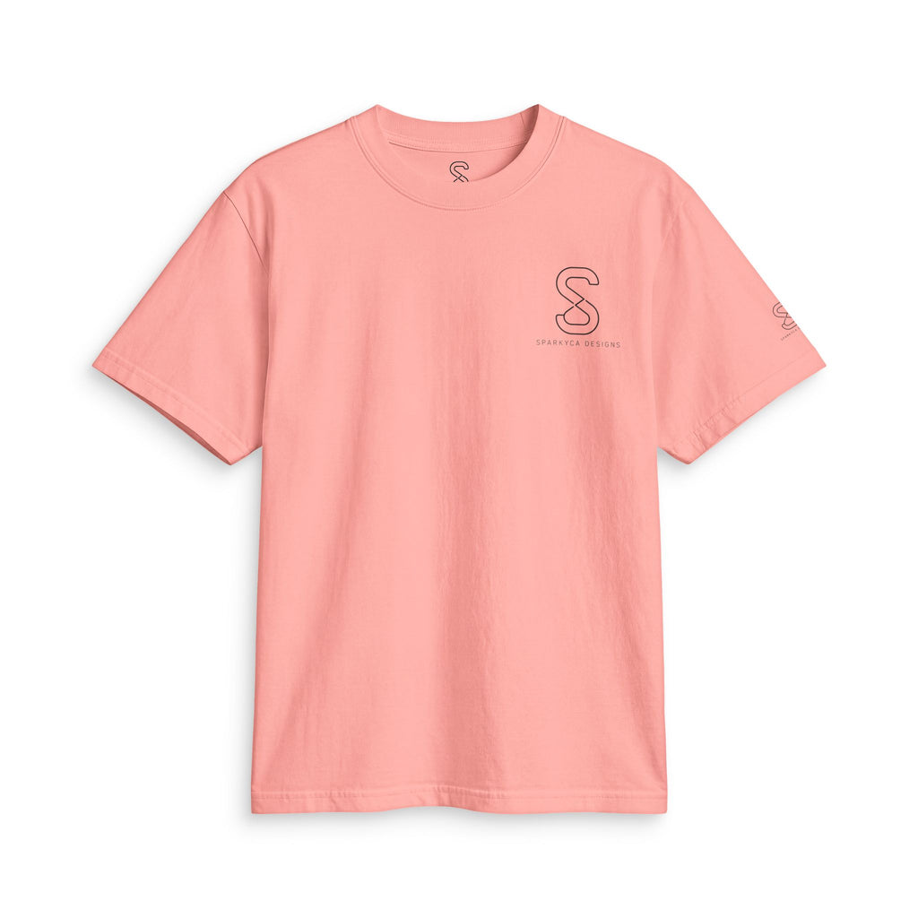 SparkyCA Designs Classic Crewneck Tee in Coral — front flat lay with chest logo