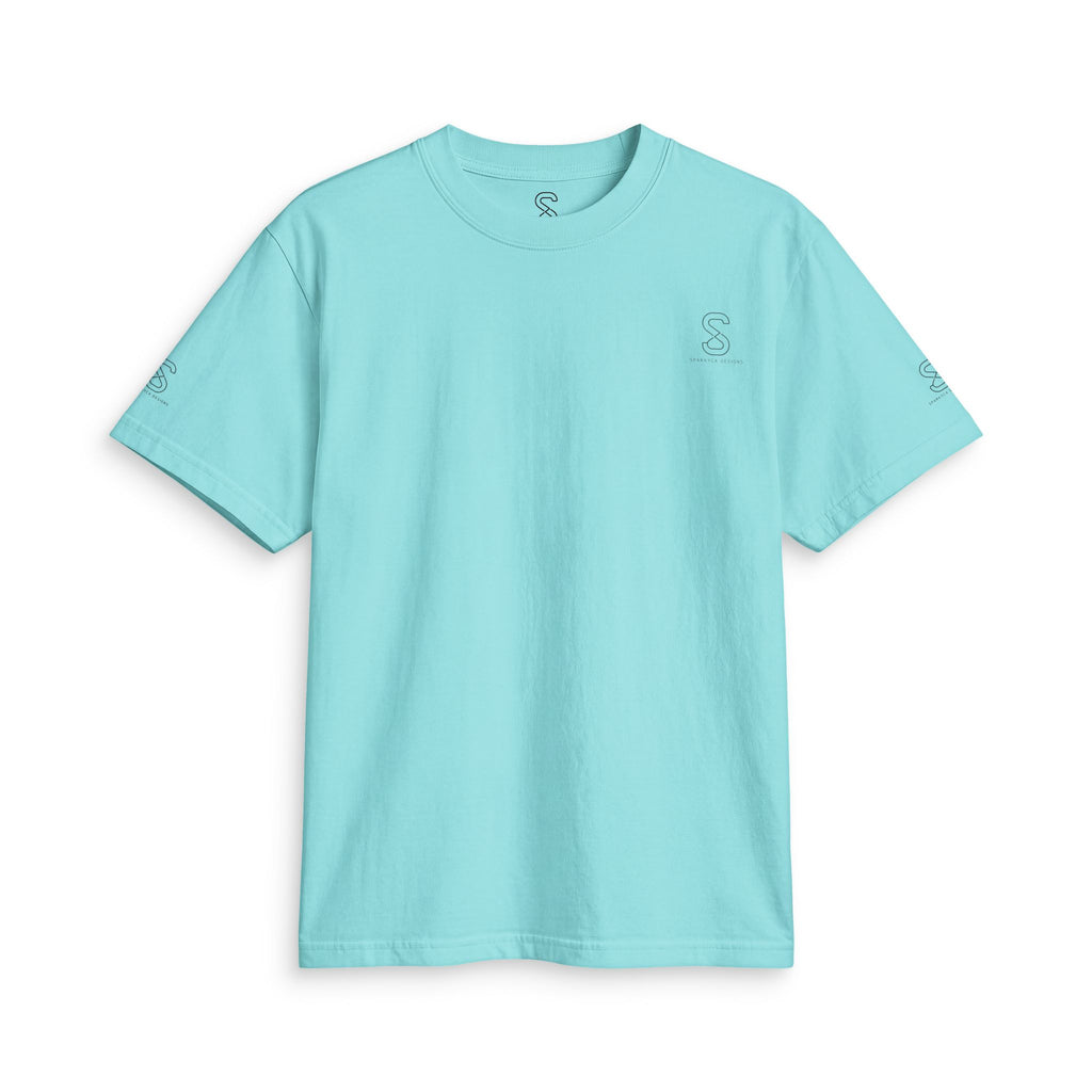 SparkyCA Logo Tee in Tiffany Blue — front flat lay with chest logo and matching sleeve print