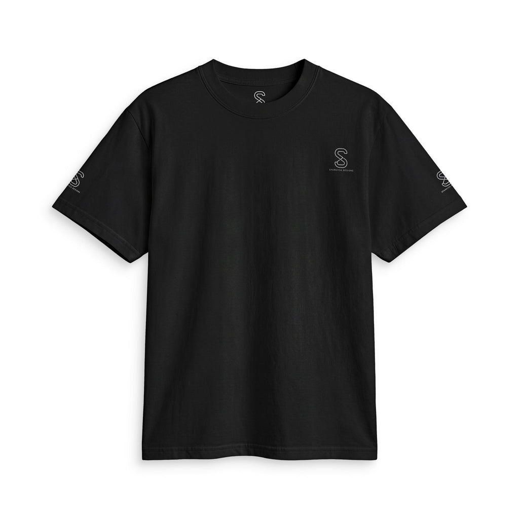 SparkyCA Logo Tee in Black — front flat lay with chest logo and matching sleeve print