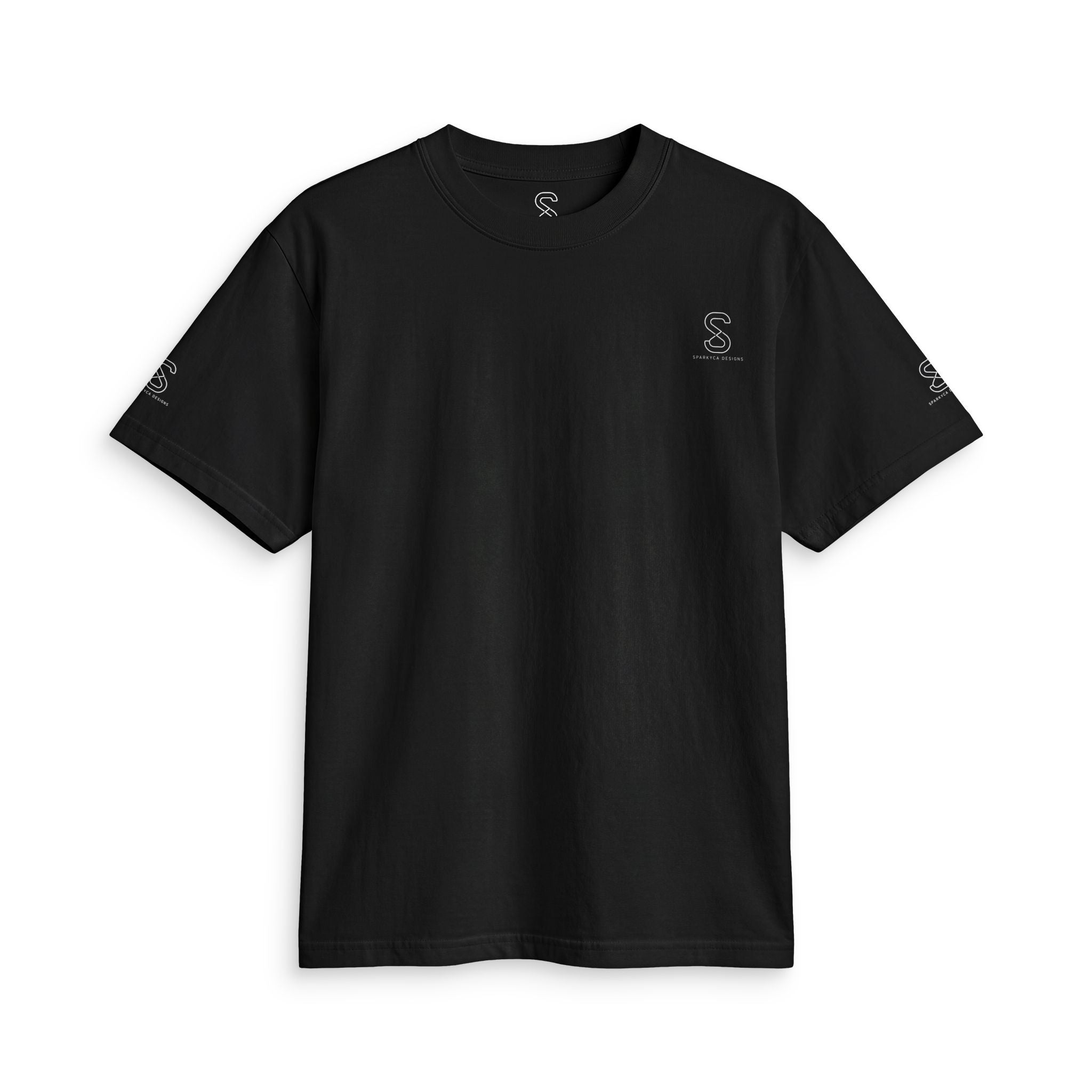 SparkyCA Logo Tee in Black — front flat lay with chest logo and matching sleeve print
