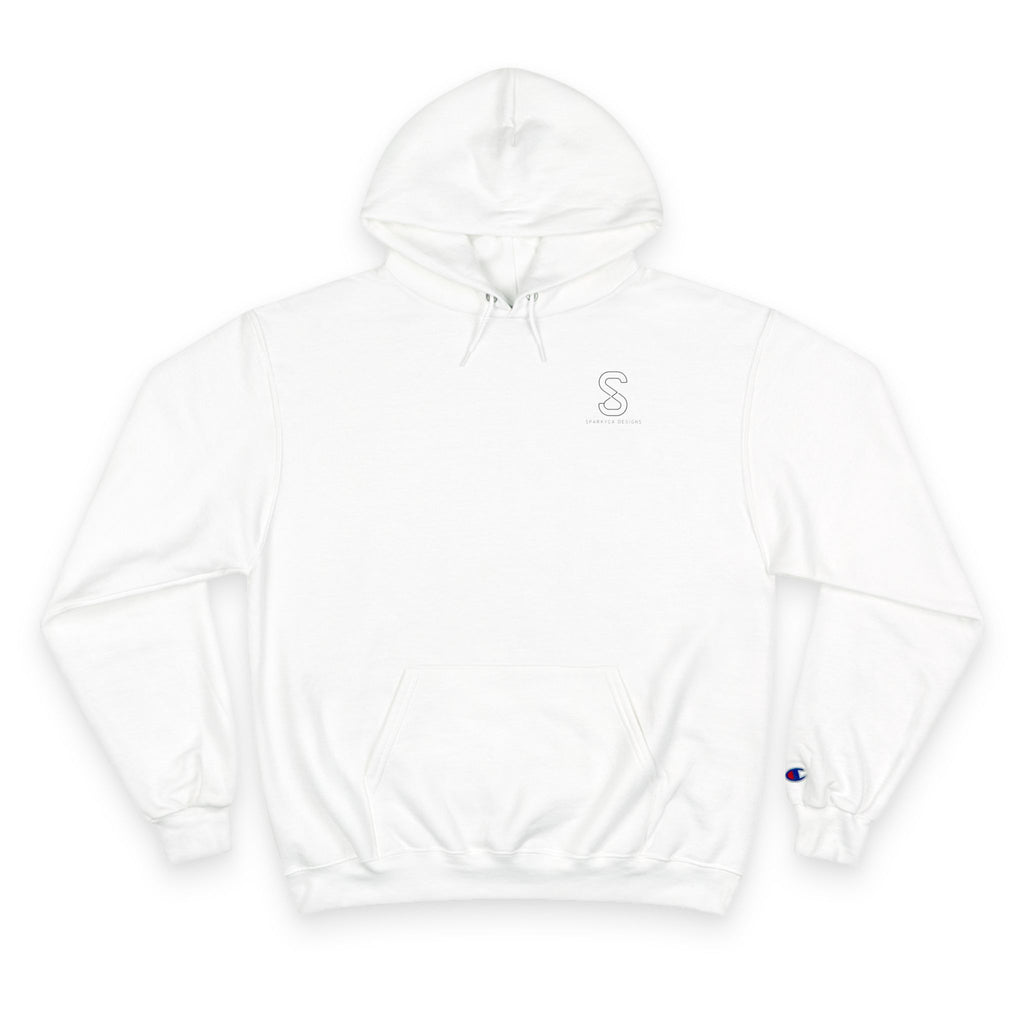 SparkyCA Champion hoodie in white, flat lay front view with embroidered logo on chest
