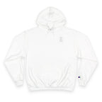 SparkyCA Champion hoodie in white, flat lay front view with embroidered logo on chest
