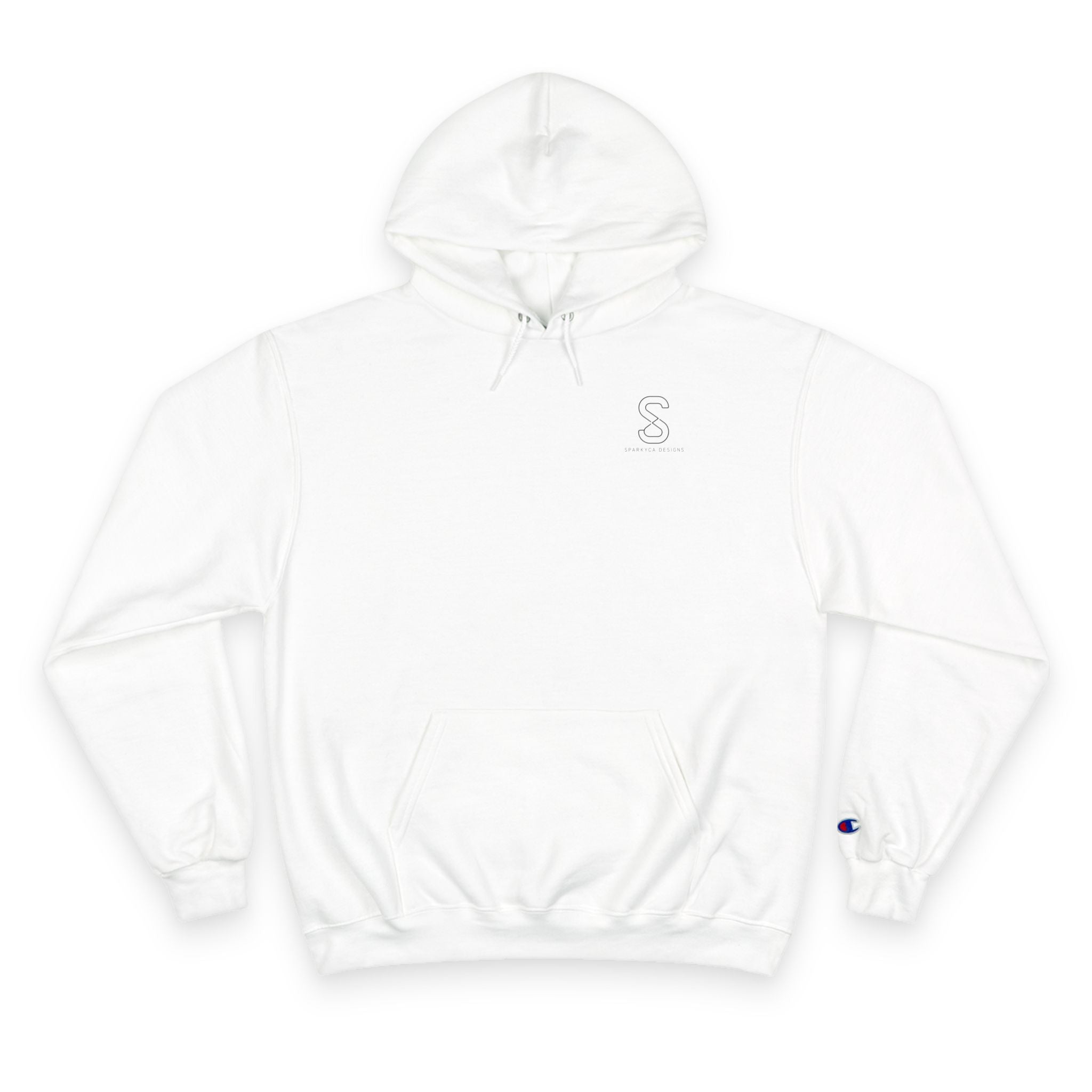 SparkyCA Champion hoodie in white, flat lay front view with embroidered logo on chest