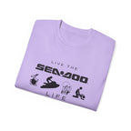 Live the Sea-Doo Life Tee in Orchid — folded, full Sea-Doo graphic print visible