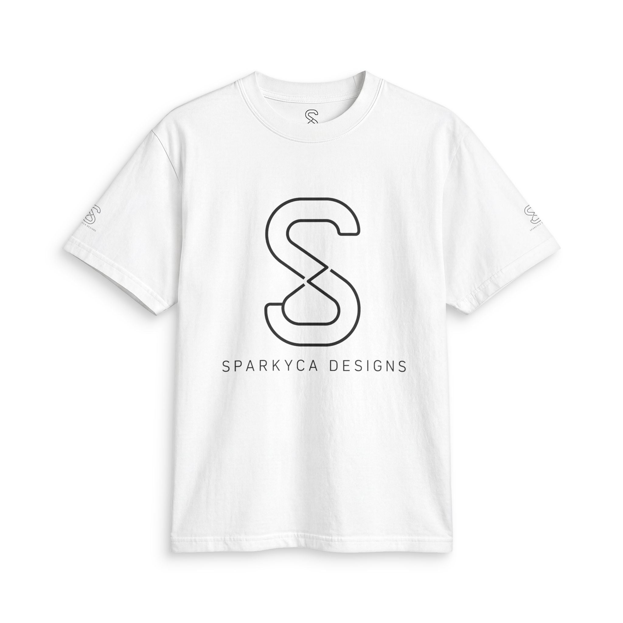White SparkyCA logo tee, front flat lay with black outline S logo and wordmark