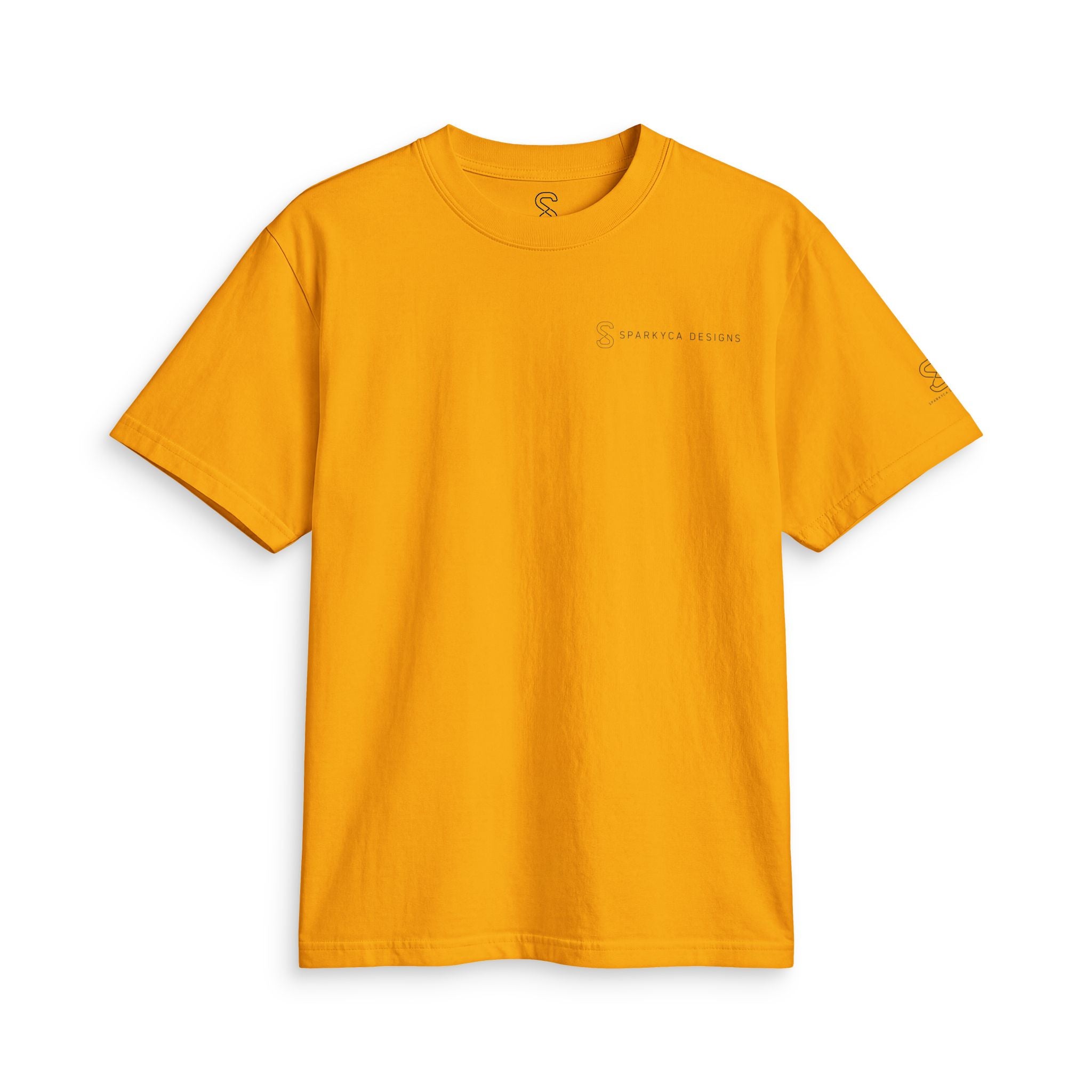 Golden orange SparkyCA Designs active tee, flat lay front view