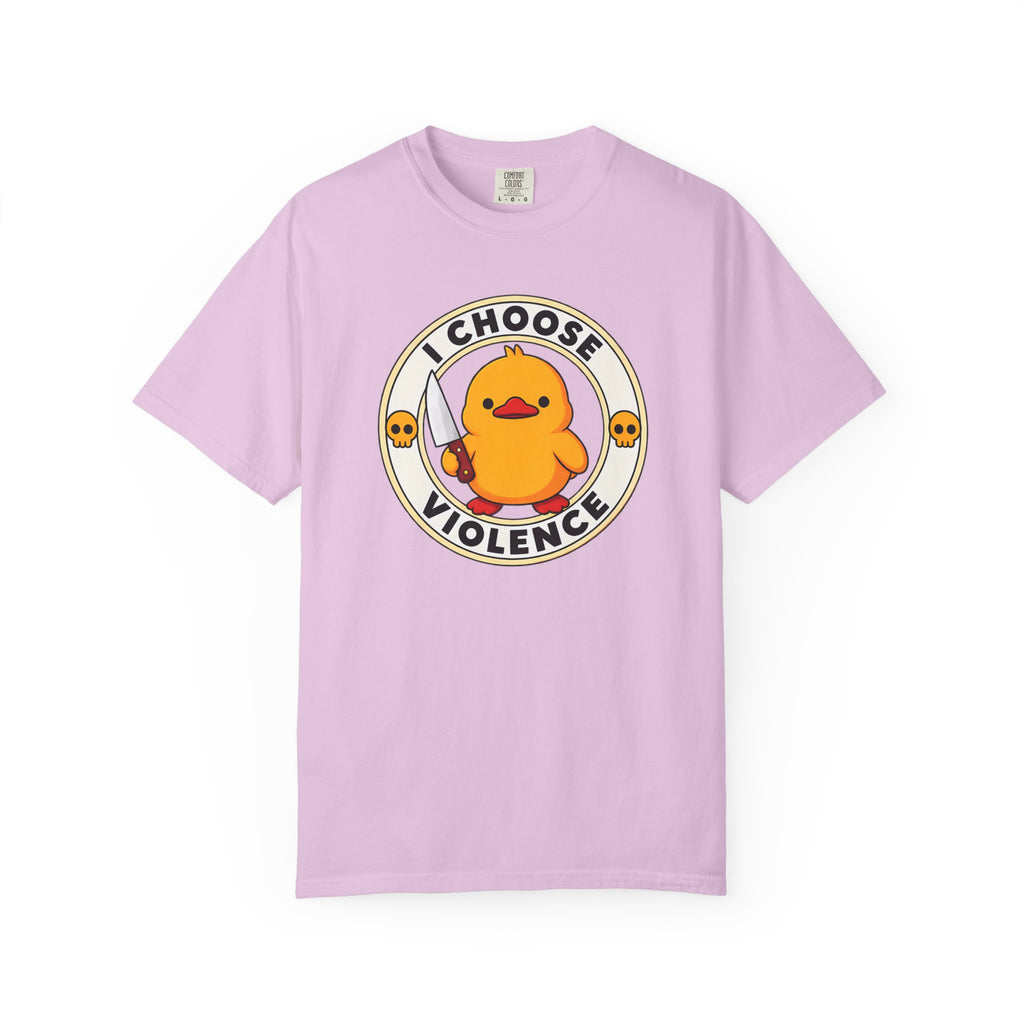 I Choose Violence Duck Tee in Orchid — front flat lay with graphic print