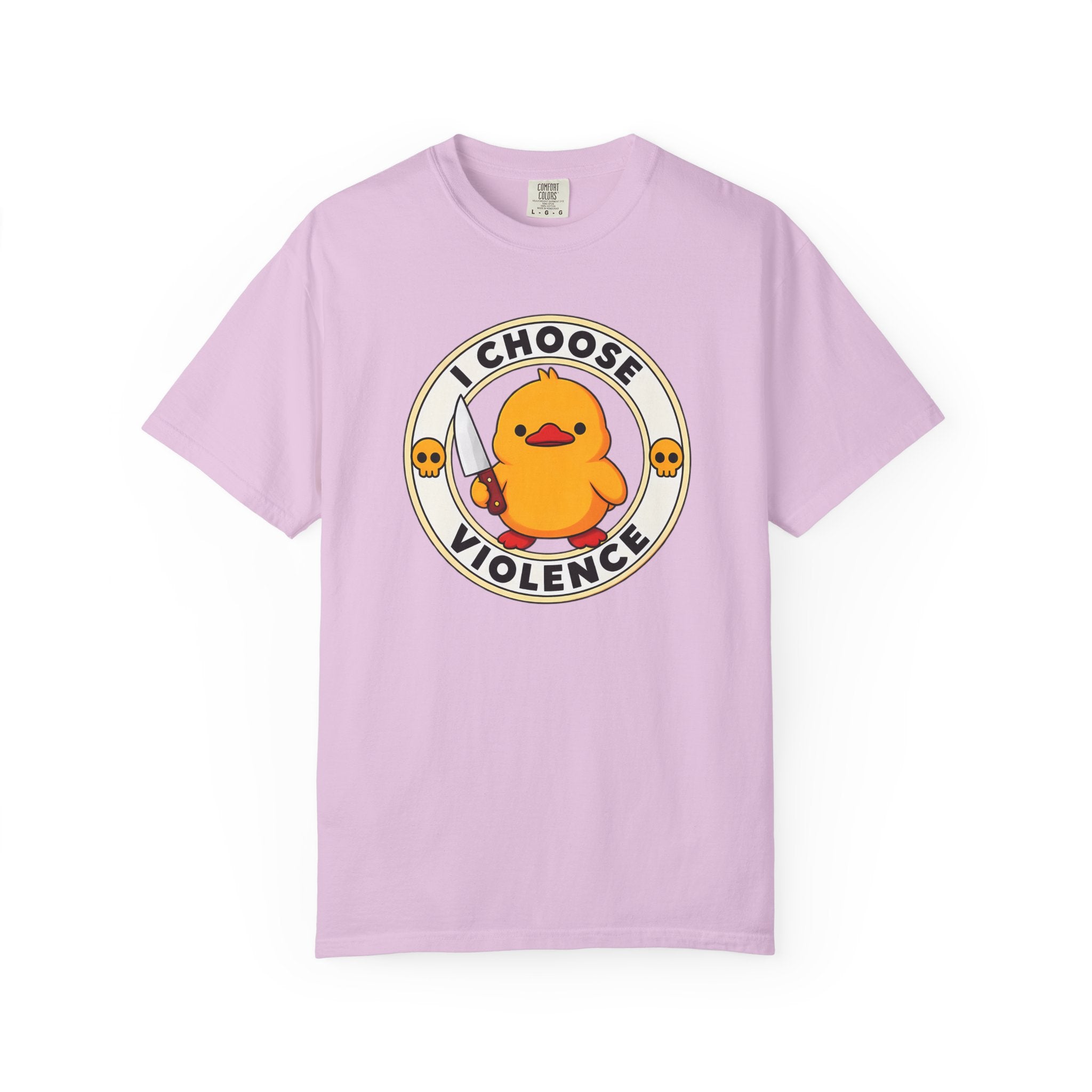 I Choose Violence Duck Tee in Orchid — front flat lay with graphic print