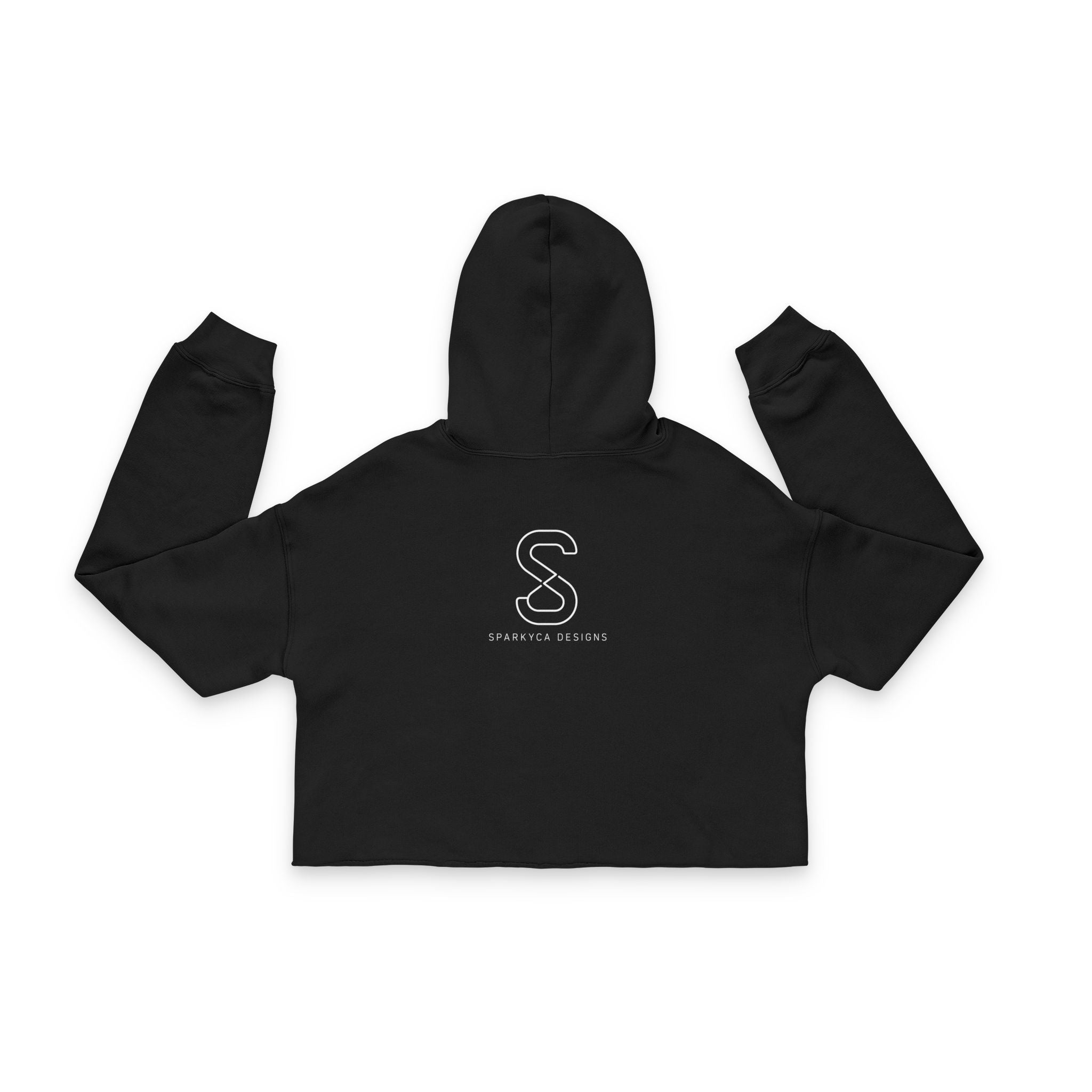 Women's Cropped Hoodie in Black — flat lay with sleeves outstretched, embroidered S logo