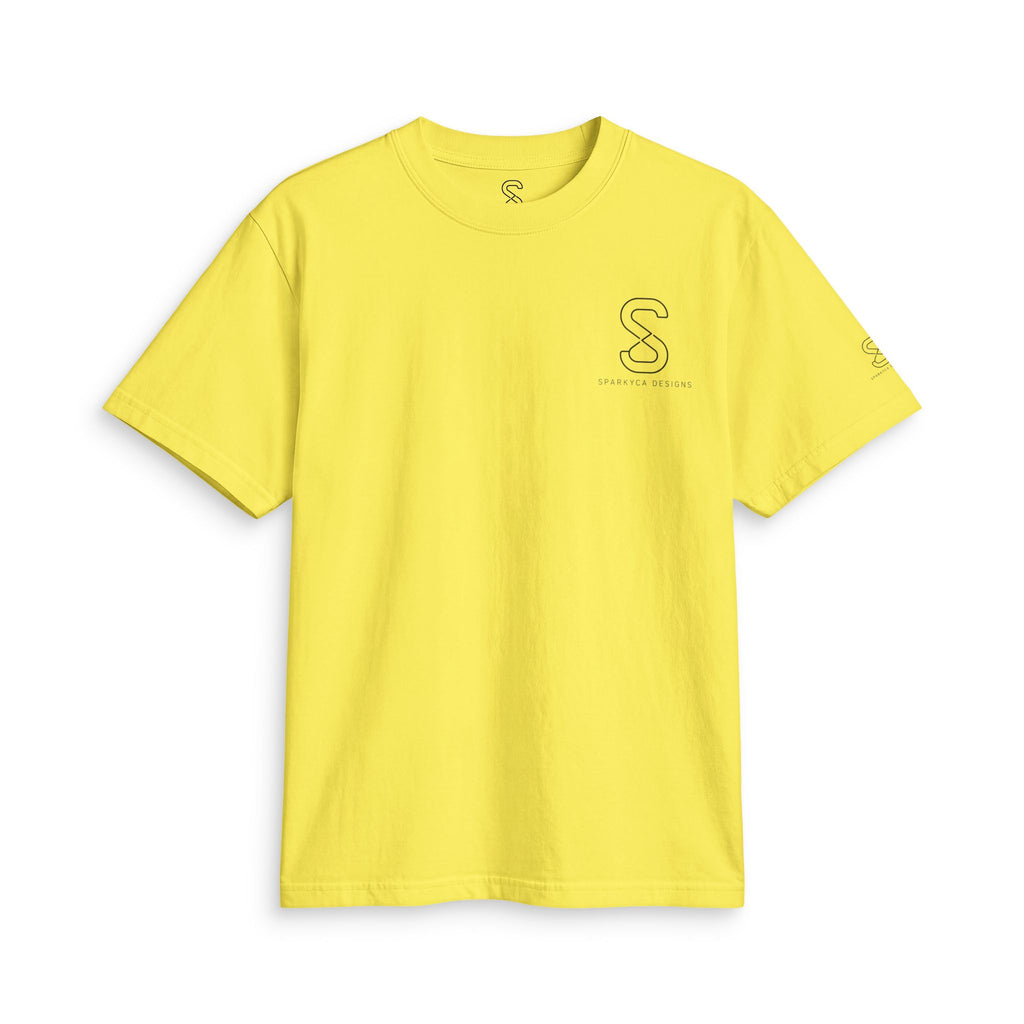 SparkyCA Designs Classic Crewneck Tee in Yellow — front flat lay with chest logo