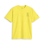 SparkyCA Designs Classic Crewneck Tee in Yellow — front flat lay with chest logo