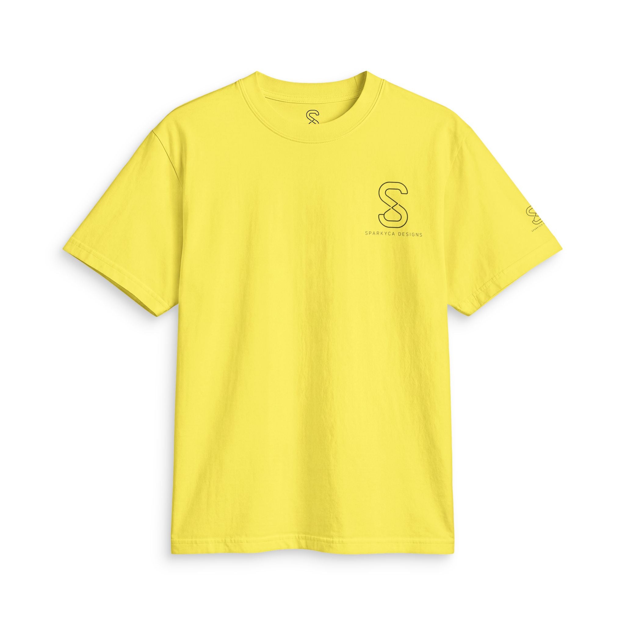 SparkyCA Designs Classic Crewneck Tee in Yellow — front flat lay with chest logo