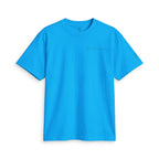 Vivid cyan blue SparkyCA Designs active tee, flat lay front view