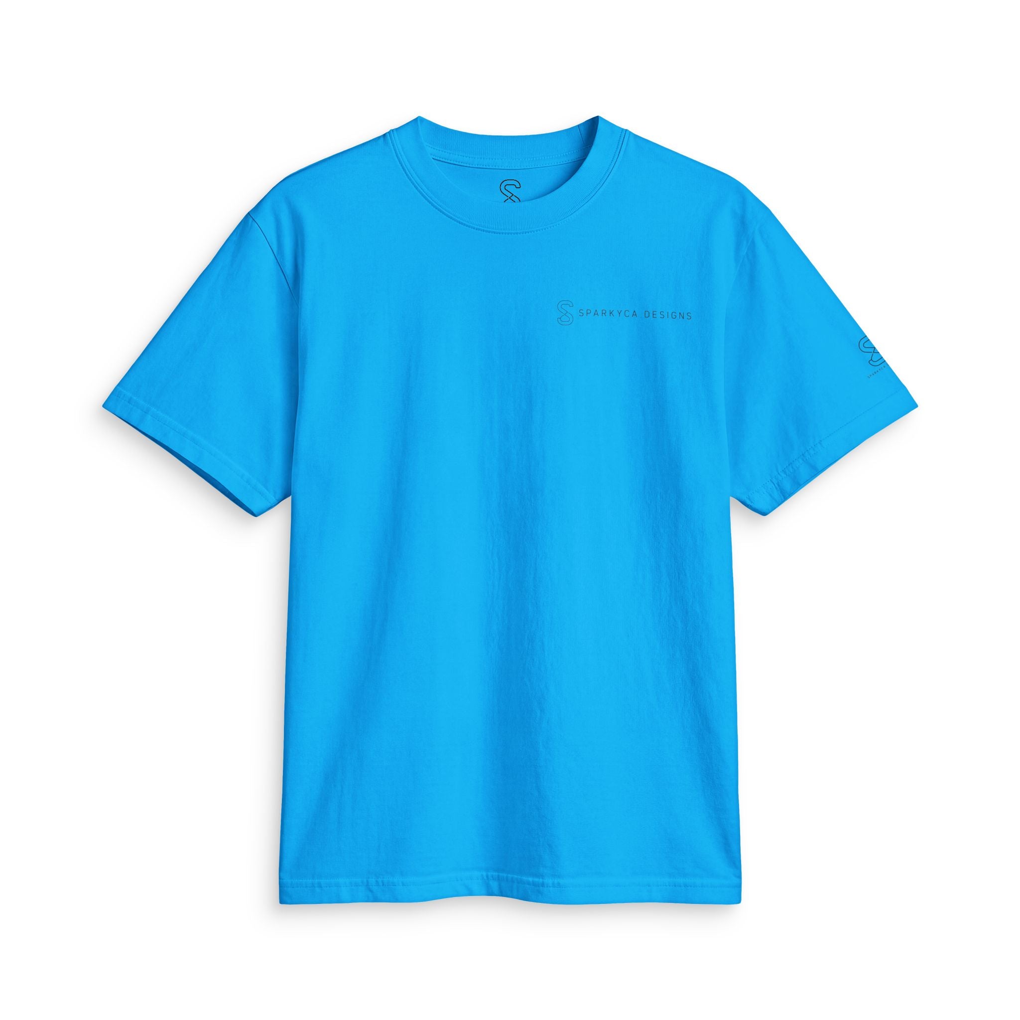 Vivid cyan blue SparkyCA Designs active tee, flat lay front view