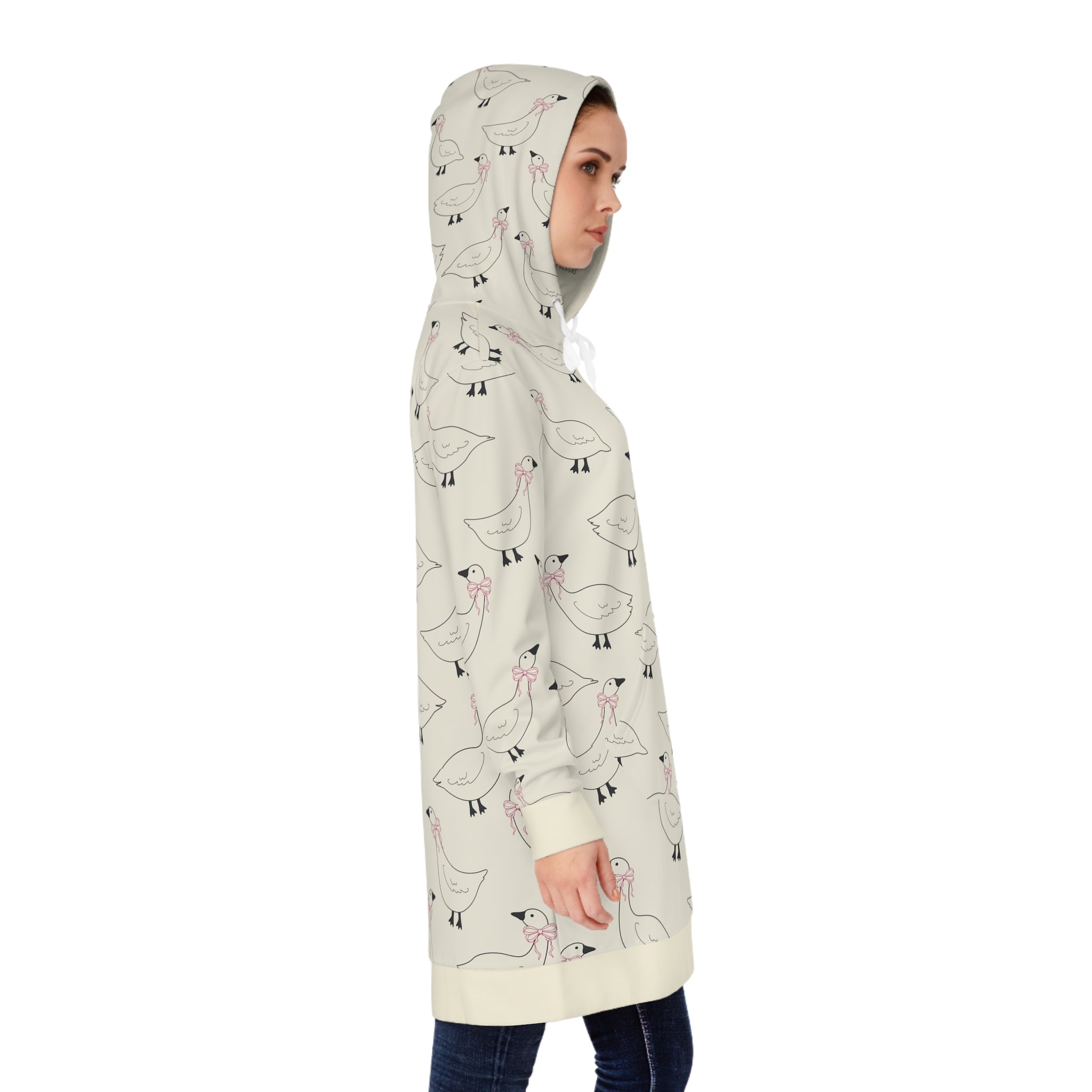Goose Print Hoodie Dress — Cute Allover Bird Pattern Cozy Pullover
