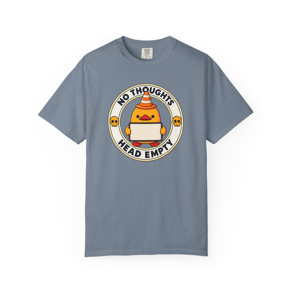 No Thoughts Head Empty Duck Tee in Blue Jean — front flat lay with graphic print