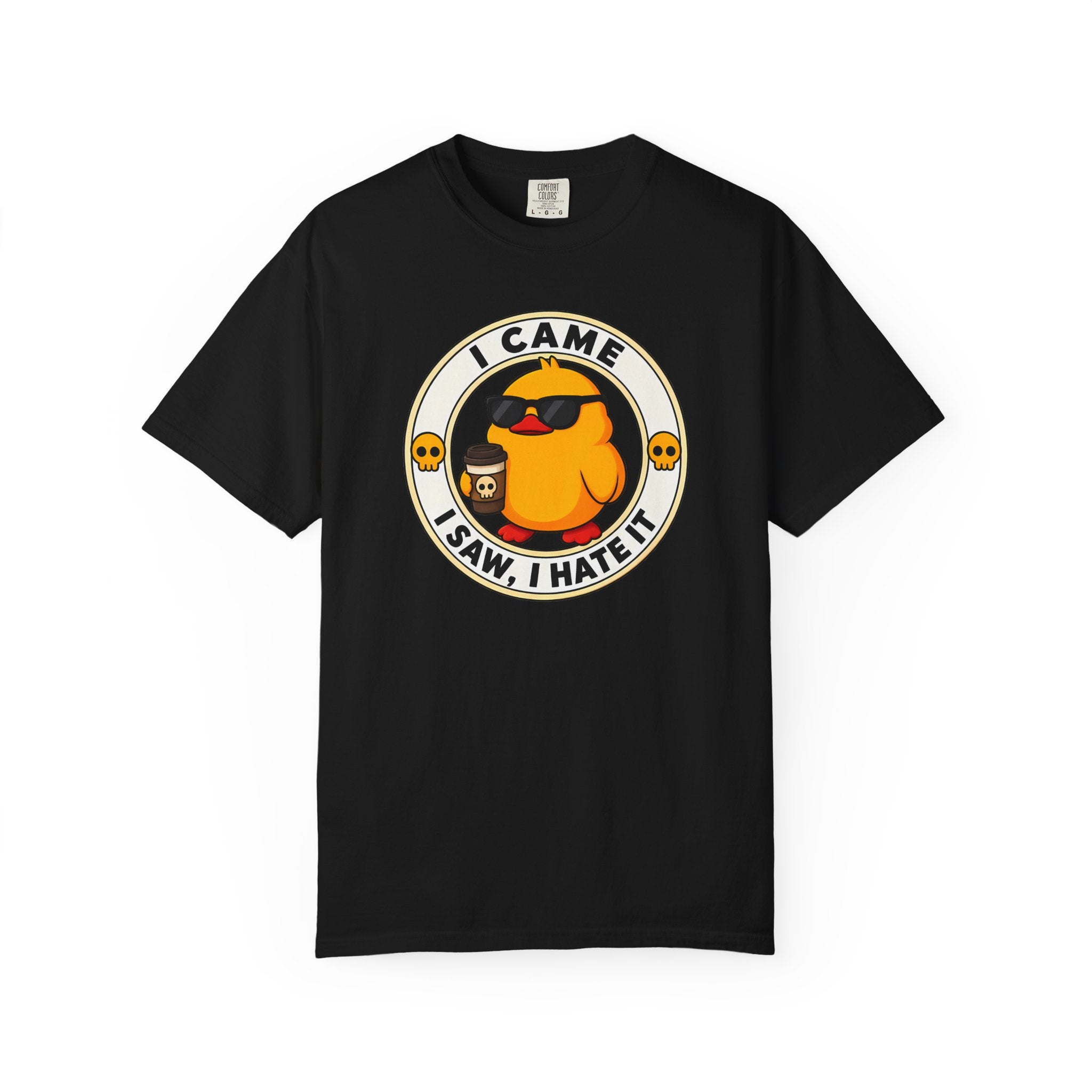 I Came, I Saw, I Hate It Duck Tee in Black — front flat lay with graphic print