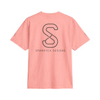 SparkyCA Logo Tee in Coral — back view showing the large SparkyCA Designs S logo print