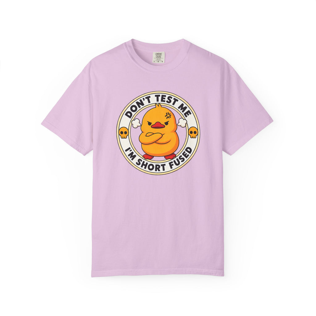 Dont Test Me Duck Tee in Orchid — front flat lay with graphic print