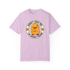 Dont Test Me Duck Tee in Orchid — front flat lay with graphic print