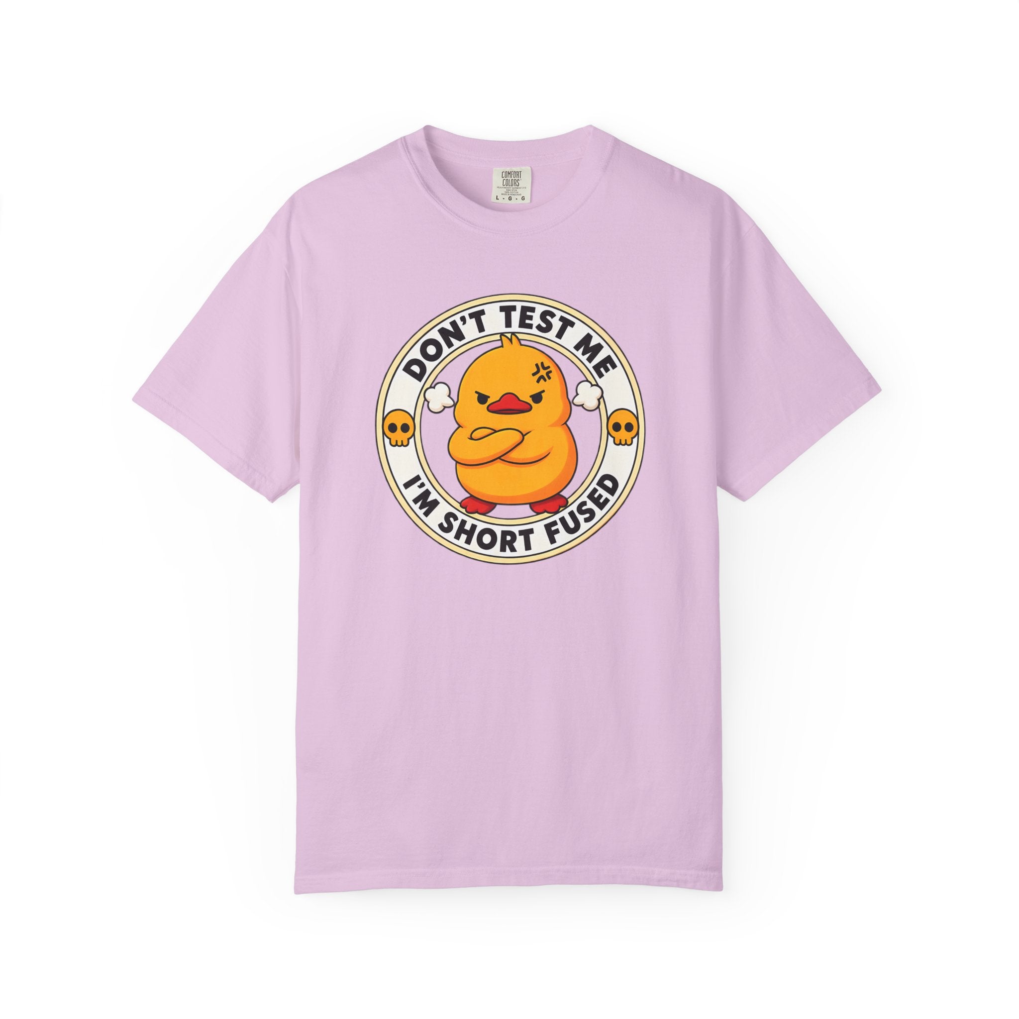 Dont Test Me Duck Tee in Orchid — front flat lay with graphic print