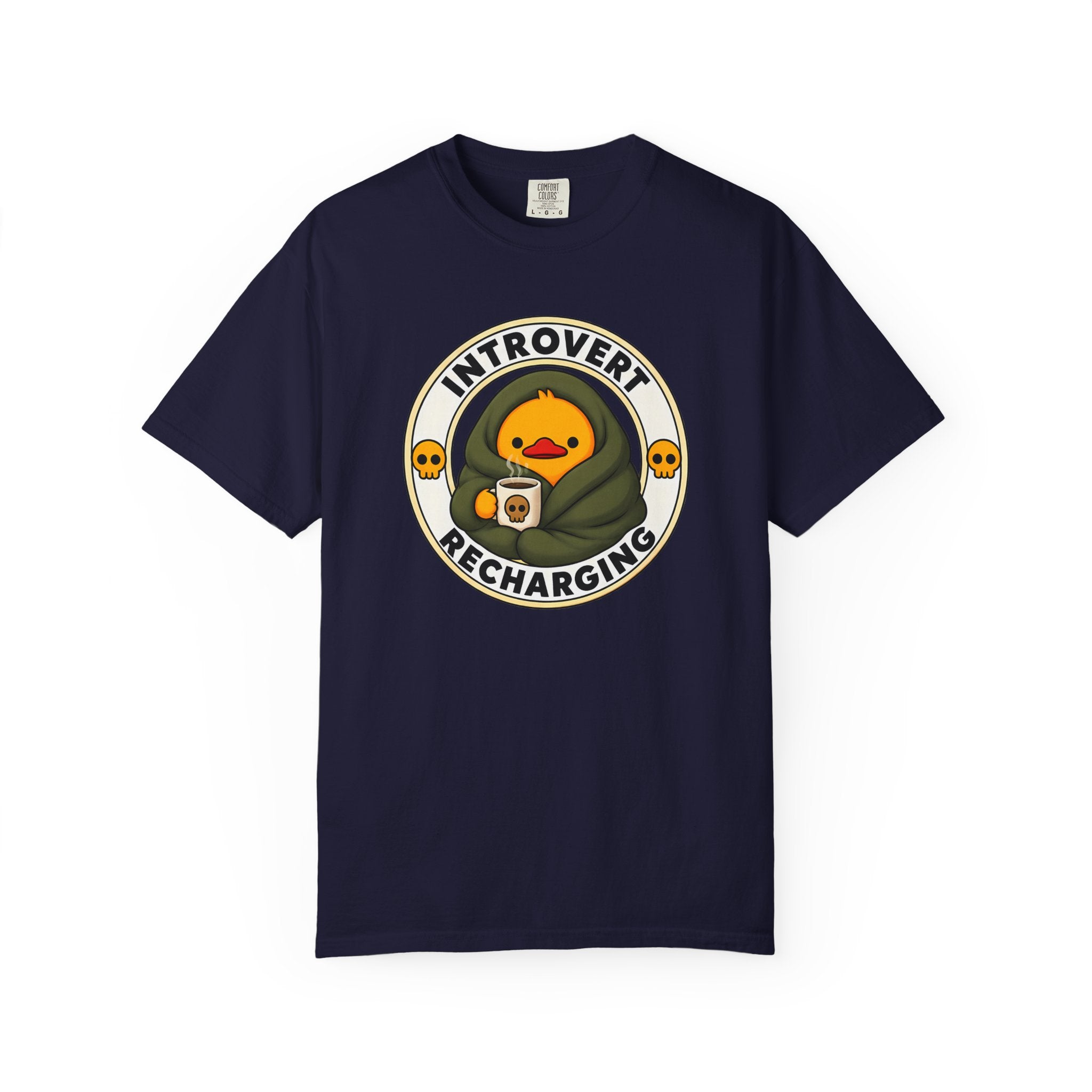 Introvert Duck Tee in True Navy — front flat lay with graphic print