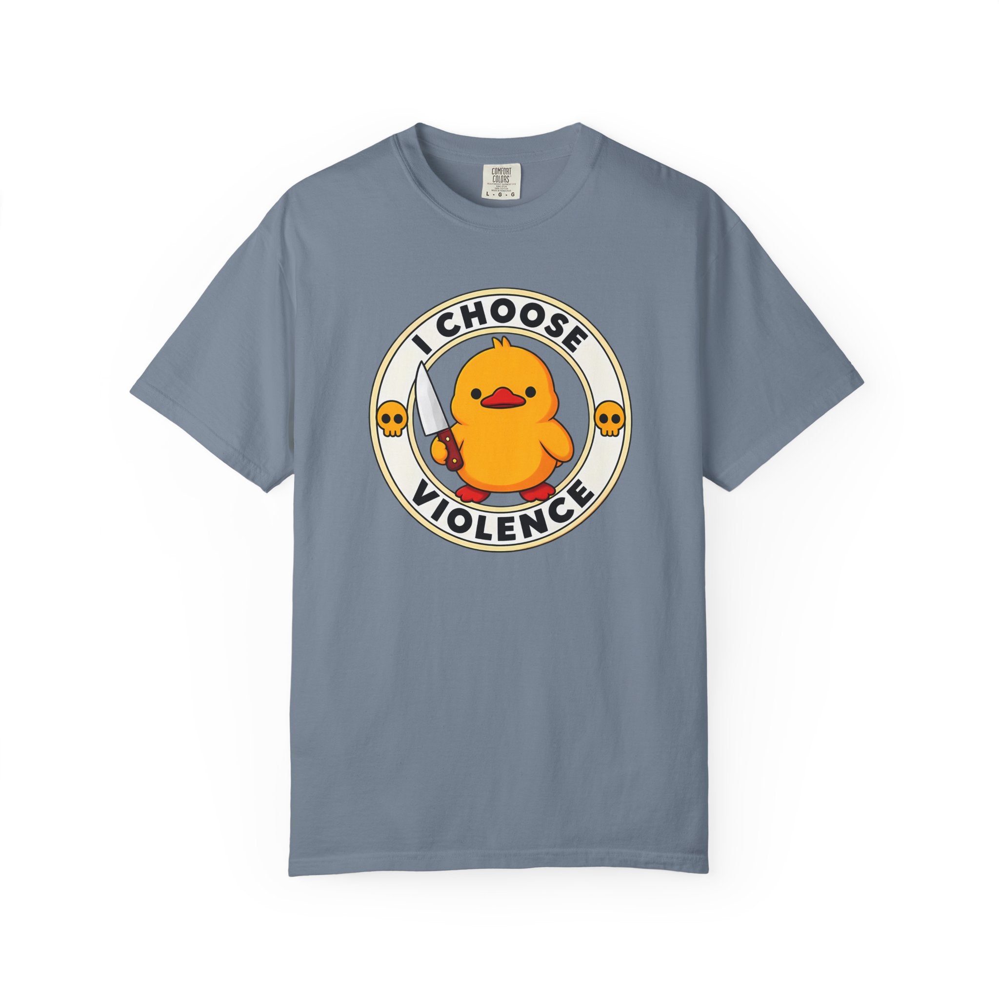 I Choose Violence Duck Tee in Blue Jean — front flat lay with graphic print