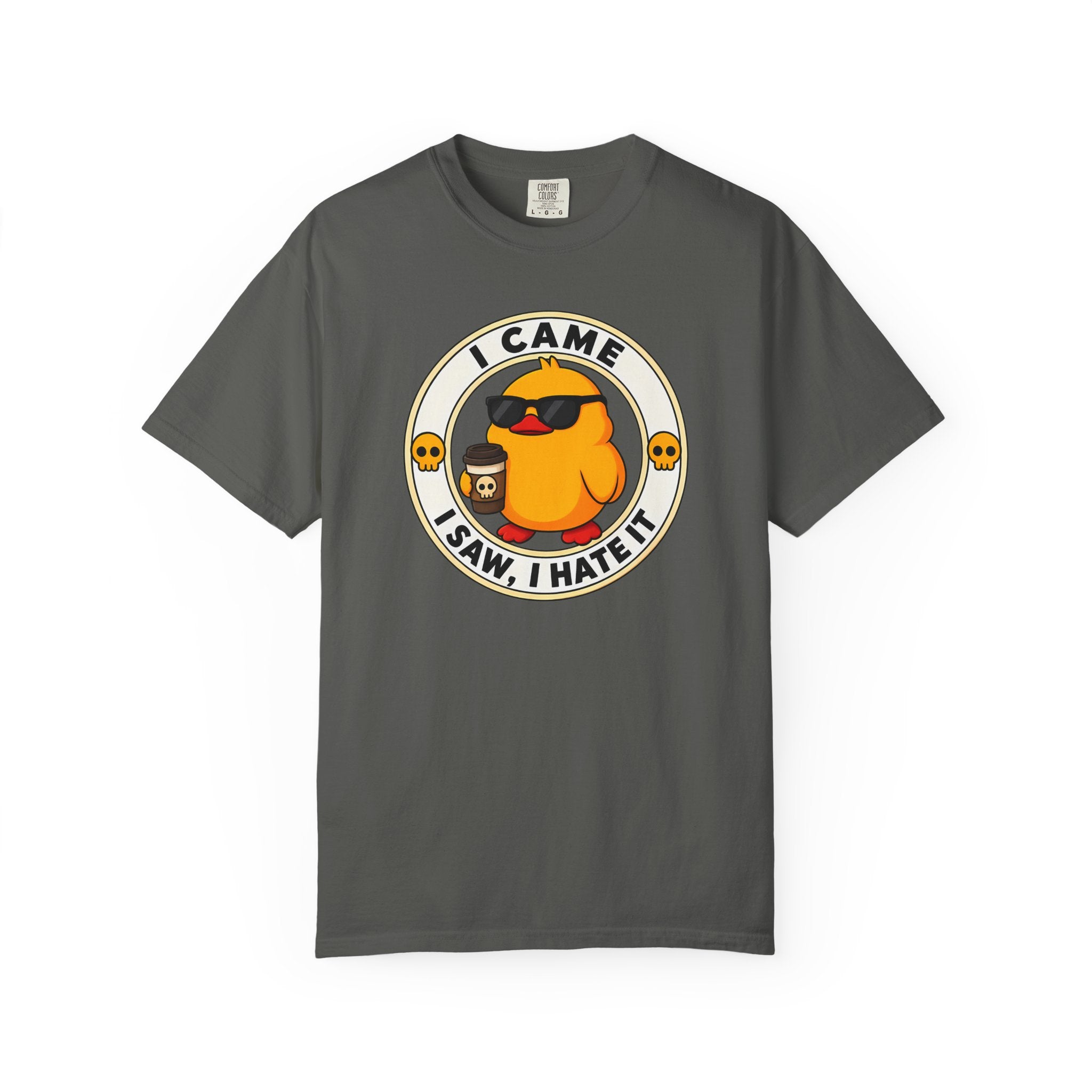I Came, I Saw, I Hate It Duck Tee in Pepper — front flat lay with graphic print