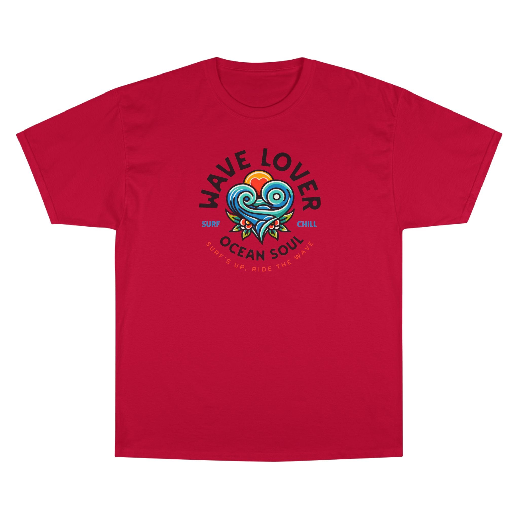 Wave Lover Ocean Soul Tee in Red — front flat lay with graphic print