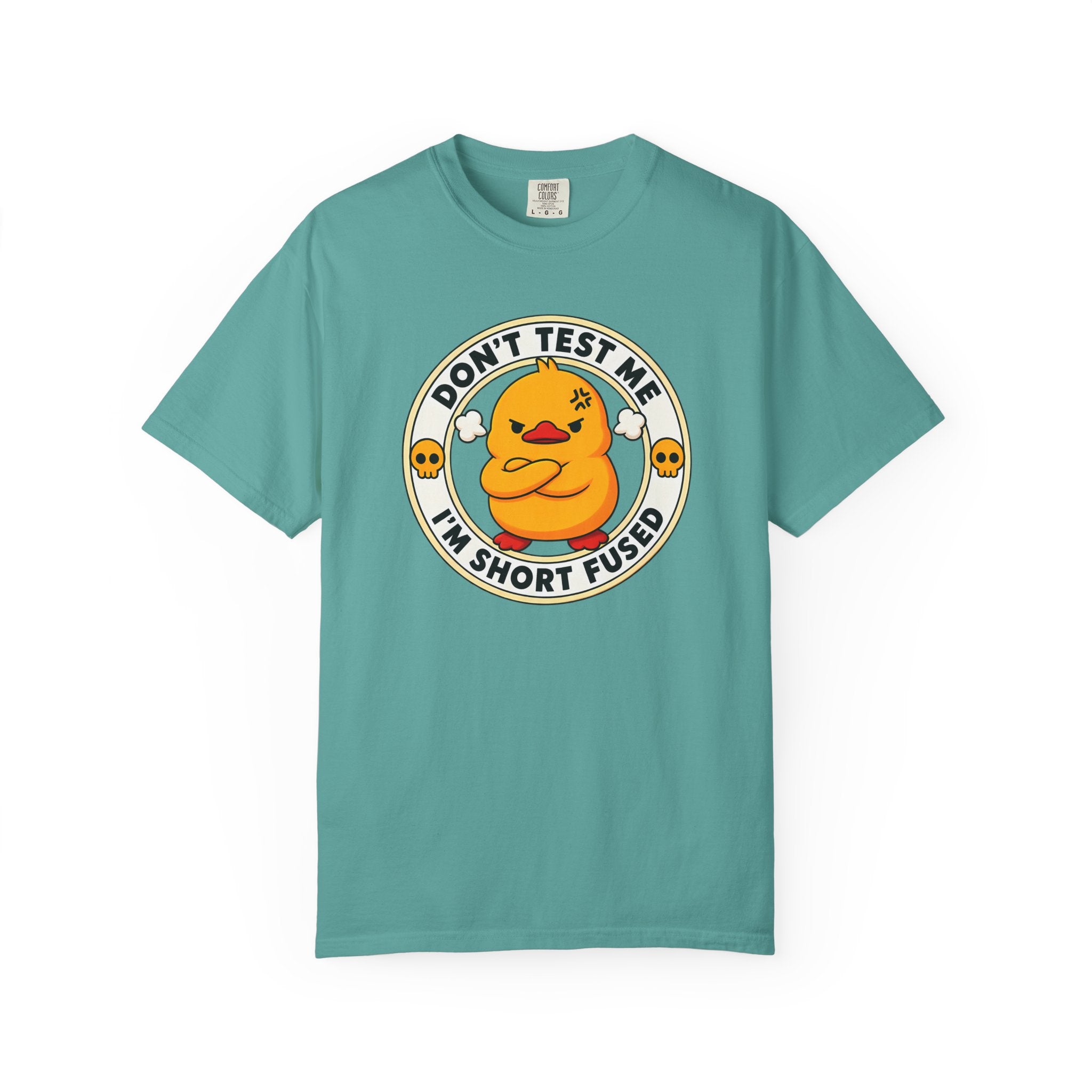 Dont Test Me Duck Tee in Seafoam — front flat lay with graphic print
