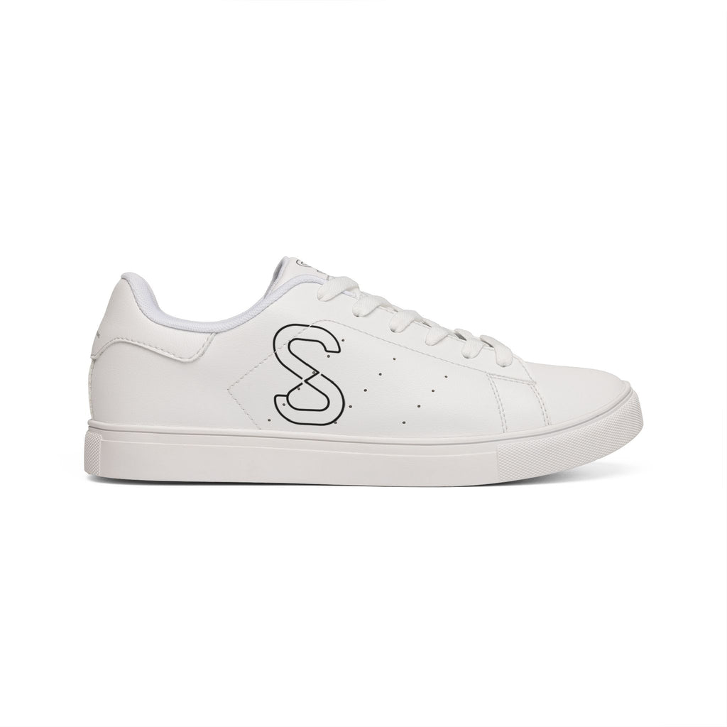White leather sneaker side profile with S logo, shown from a slightly different angle