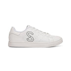 White leather sneaker side profile with S logo, shown from a slightly different angle