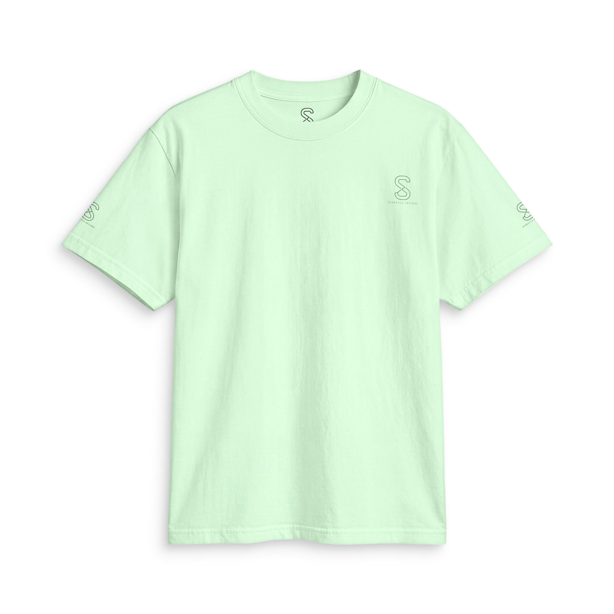SparkyCA Logo Tee in Safety Green — front flat lay with chest logo and matching sleeve print