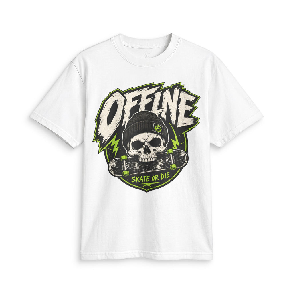 White Offline Skate or Die graphic tee laid flat, showing the front skull-and-skateboard print in black and green.