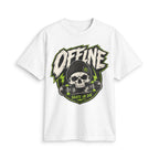 White Offline Skate or Die graphic tee laid flat, showing the front skull-and-skateboard print in black and green.