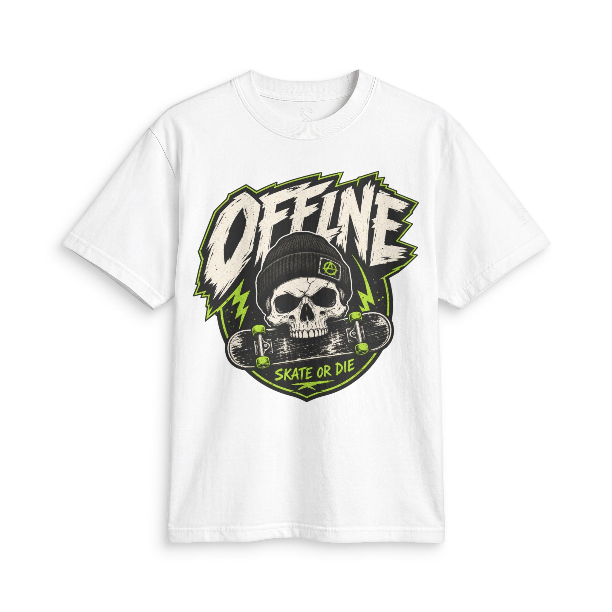 White Offline Skate or Die graphic tee laid flat, showing the front skull-and-skateboard print in black and green.