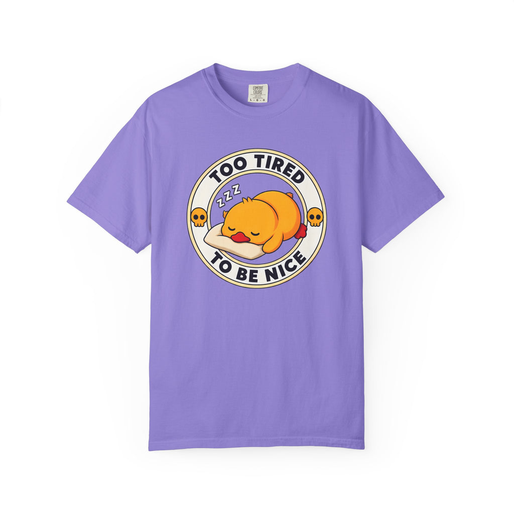 Too Tired Duck Tee in Violet — front flat lay with graphic print